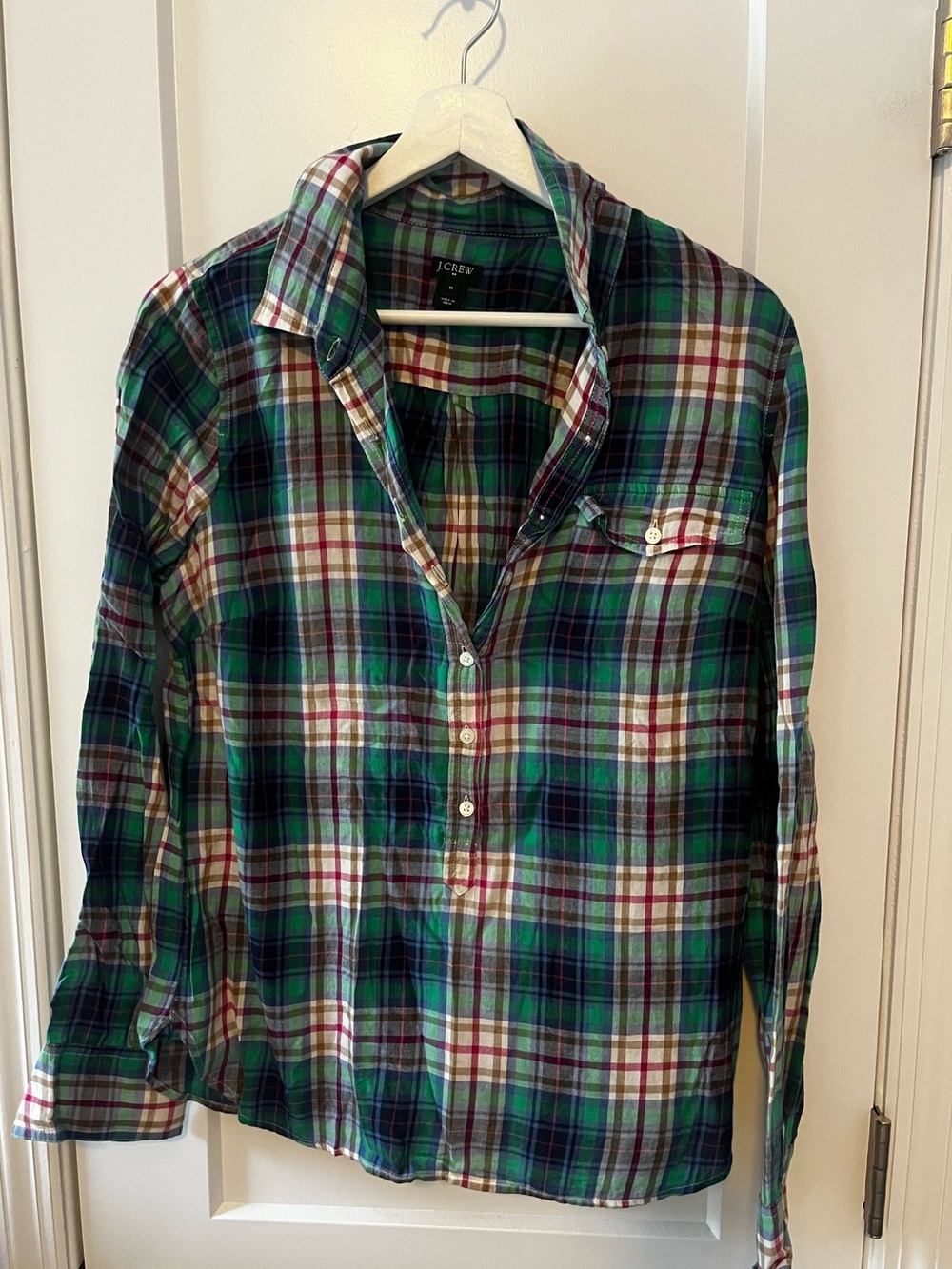 J. Crew Men's Green and Navy Plaid Button-Up Shirt